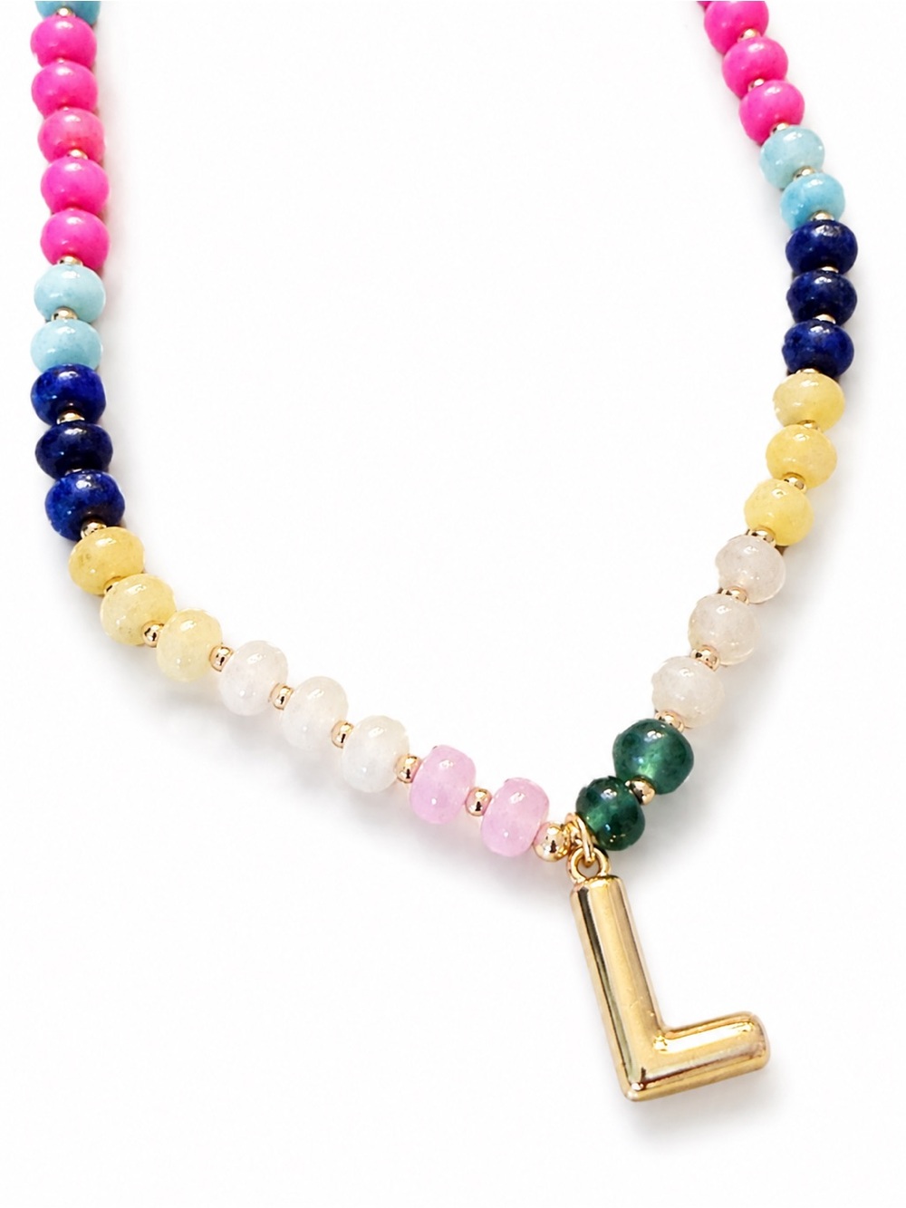 Colorful Gemstone Initial “L” Necklace | Gold Tone Alphabet Pendant | Beaded